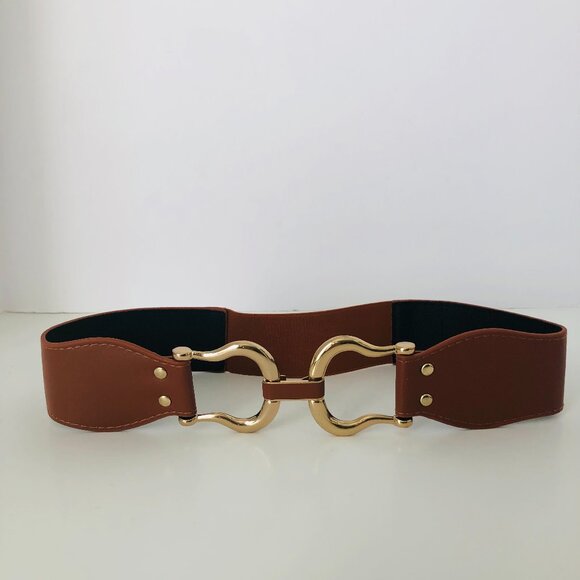 Saddle brown equestrian-inspired style faux leather wide stretch belt – small - Picture 1 of 8
